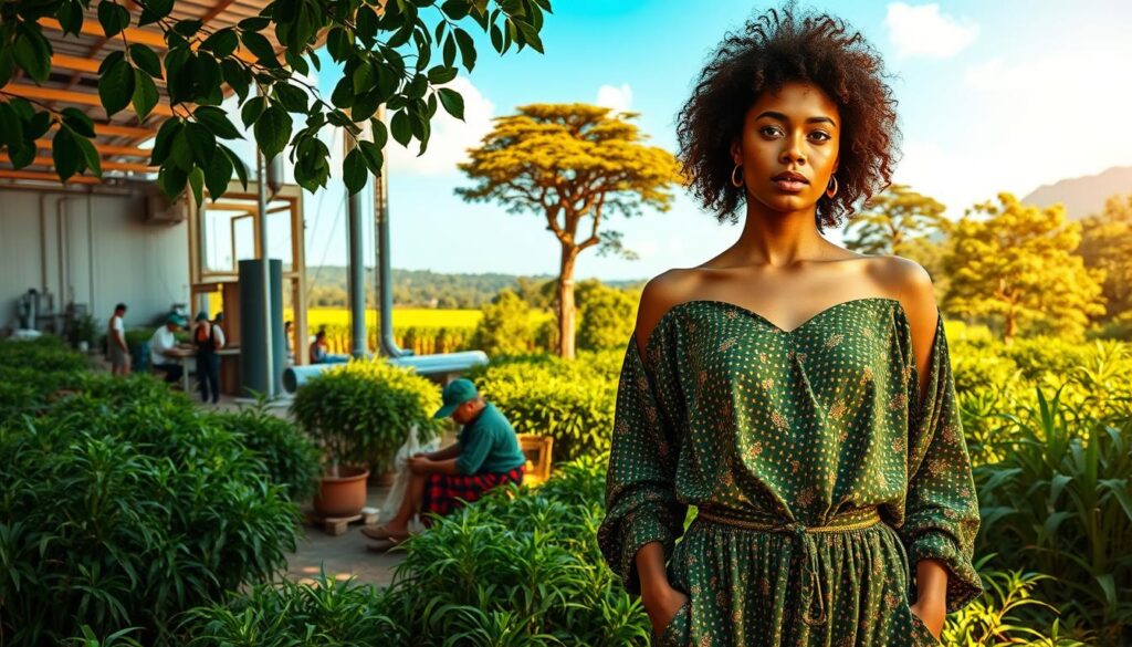 A vibrant, sustainable fashion scene filled with lush greenery and ethical textile production. In the foreground, a stylish model proudly showcases a Shein garment made from recycled materials, illuminated by warm, natural lighting. The middle ground features a bustling factory powered by renewable energy, workers diligently crafting eco-friendly apparel. In the background, a verdant landscape with towering trees and a clear blue sky, symbolizing Shein's commitment to environmental stewardship. The overall atmosphere conveys a sense of harmony between fashion, sustainability, and social responsibility.