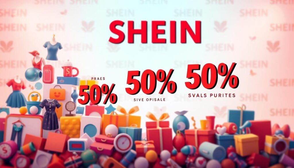 A vibrant, visually-striking illustration depicting the various types of SHEIN promo code discounts. In the foreground, a selection of SHEIN product icons - clothing, accessories, and home goods - arranged in an eye-catching, collage-like manner. In the middle ground, a dynamic display of different discount types and percentages, represented through bold, dynamic graphic elements. The background features a soft, blurred SHEIN logo pattern, evoking a sense of the brand's identity. The overall composition is lit with a warm, inviting lighting scheme, creating a premium, aspirational feel. The scene conveys a sense of savings, discovery, and the diverse range of discounts available to SHEIN customers.