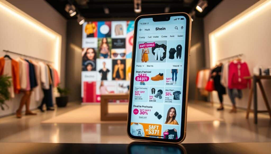 A visually appealing scene showcasing the Shein app's deals and discounts. In the foreground, a close-up view of a smartphone displaying the Shein app's user interface, highlighting various discounted fashion items and sales promotions. The middle ground features a vibrant collage of stylish clothing, accessories, and lifestyle products, all with prominent price tags and sale indicators. The background depicts a chic, minimalist environment with clean lines and a warm, inviting lighting setup, setting the tone for the trendy and visually captivating Shein shopping experience. The overall composition conveys a sense of excitement and opportunity, inviting the viewer to explore the best deals and discounts available on the Shein app.
