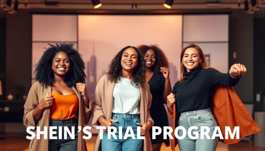 A well-lit, dynamic scene showcasing the triumph of Shein's trial program. In the foreground, three diverse individuals joyfully displaying their new Shein outfits, their faces brimming with satisfaction. The middle ground features a stylish backdrop of modern, minimalist design elements, complementing the fashionable attire. In the background, a softly blurred city skyline or studio setting, conveying a sense of urban chic and success. The lighting is warm and inviting, creating a sense of positivity and empowerment. The overall composition captures the essence of real user experiences and the strategies that led to their Shein trial program victories.