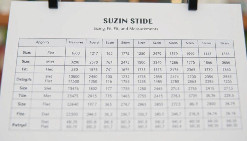 A well-lit, high-resolution image of a Shein sizing guide, displaying a clean, minimalistic layout with a neutral color palette. The guide should feature a grid-like arrangement of various apparel categories, each accompanied by detailed size measurements and fit descriptions. The foreground should emphasize the clarity and legibility of the information, while the background maintains a soft, blurred focus to draw the viewer's attention to the essential details. The overall composition should convey a sense of practicality and user-friendliness, reflecting the "Shopping Smart: Sizing, Fit, and Measurements" section of the article on Shein's affordable fashion.
