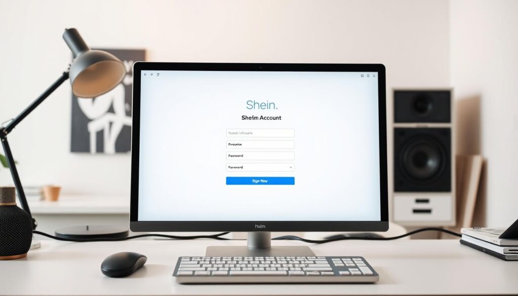 A well-lit, high-resolution image of a modern desktop computer setup, showcasing a laptop or desktop screen displaying the Shein account creation page. The foreground should feature a clean, organized desk space with a mouse, keyboard, and other minimal office accessories. The middle ground should capture the screen in detail, highlighting the Shein account signup form, with fields for entering personal information, email, password, and other required details. The background should depict a minimalist, yet professional home office or workspace setting, with subtle lighting, neutral-toned walls, and a sense of focus and productivity.