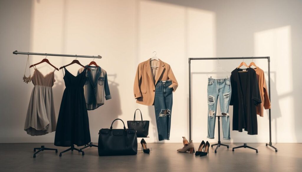 A well-lit, high-resolution image showcasing a variety of SHEIN clothing items and accessories arranged in a stylish, editorial-inspired display. The foreground features a selection of fashionable garments, including a flowy dress, a tailored blazer, and a pair of distressed jeans, all carefully positioned to highlight their fit and design. In the middle ground, a variety of accessories such as a statement necklace, a structured handbag, and a pair of sleek heels complement the outfits. The background is a minimalist, neutral-toned studio setting with soft, directional lighting that casts subtle shadows, creating depth and emphasizing the textures and details of the clothing. The overall mood is aspirational, showcasing the versatility and customization potential of SHEIN's fashion offerings.