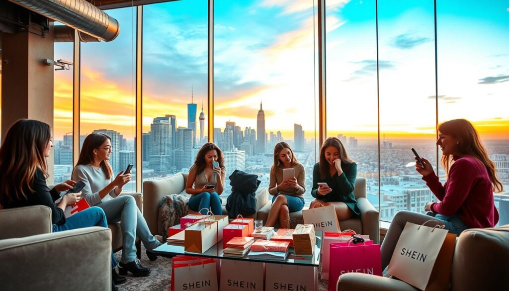 A well-lit modern loft interior with a large window overlooking a bustling city skyline. In the foreground, a group of young, stylishly dressed women sit around a glass coffee table, engaged in a lively discussion. They hold their phones and laptops, gesturing animatedly as they share shopping tips and tricks. The middle ground features a cozy seating area with plush sofas and a plethora of SHEIN shopping bags, reflecting the women's successful hauls. The background showcases the urban landscape, with skyscrapers and a vibrant sunset. The overall mood is one of camaraderie, inspiration, and a sense of savvy consumerism.
