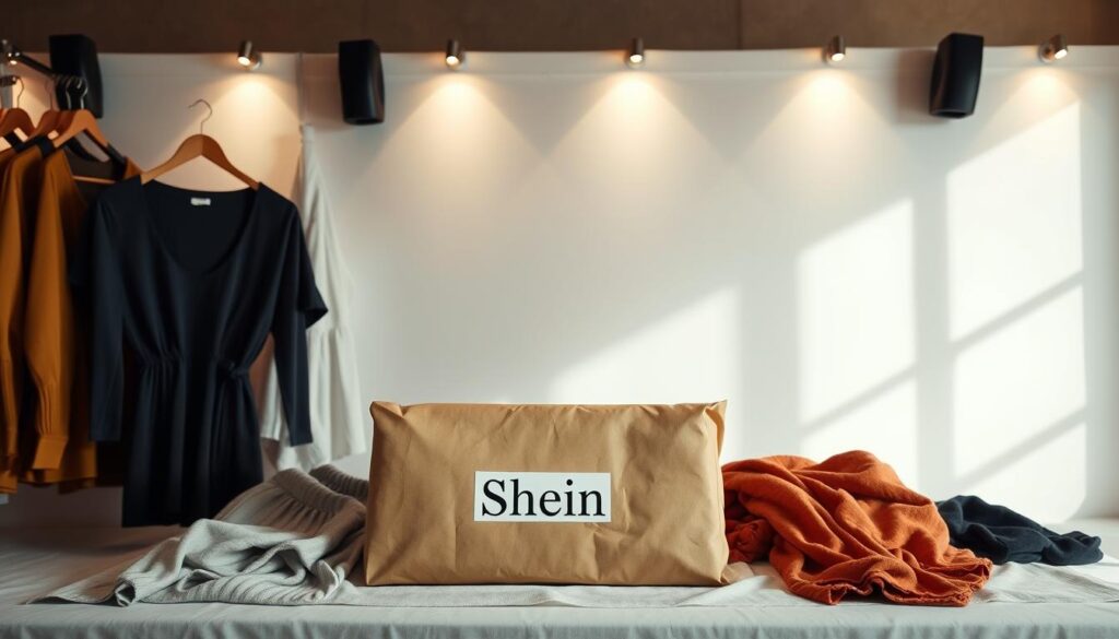 A well-lit product display showcasing various Shein clothing items, neatly arranged against a clean, minimalist backdrop. The focus is on the shipping process, with a central emphasis on a prominent parcel or package, conveying the ease and convenience of the trial shipping experience. The lighting is soft and natural, highlighting the quality and texture of the fabrics. The overall composition is balanced and visually appealing, inviting the viewer to imagine the seamless process of receiving and trying on the trial items.