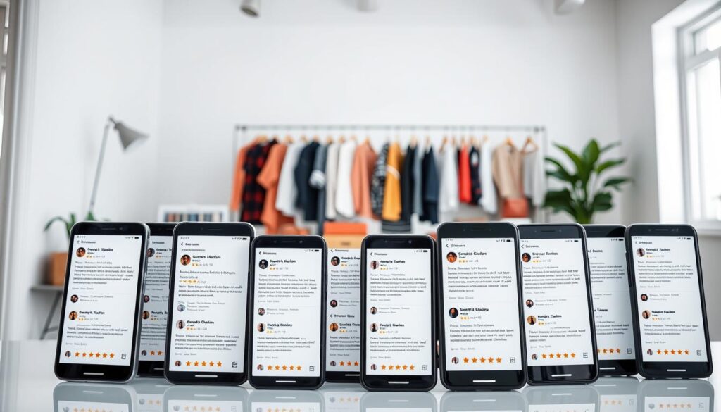 A well-lit setting showcasing a collage of Shein customer reviews. In the foreground, a grid of smartphone screens displaying various product reviews, ranging from enthusiastic 5-star ratings to more critical commentary. The middle ground features a collection of physical products - clothing, accessories, and lifestyle items - neatly arranged, reflecting the diverse product range. The background depicts a clean, minimalist workspace with a soft, diffused lighting, creating a professional, trustworthy atmosphere. The overall composition conveys a sense of transparency, highlighting the authentic customer experiences that contribute to Shein's fashion offering.