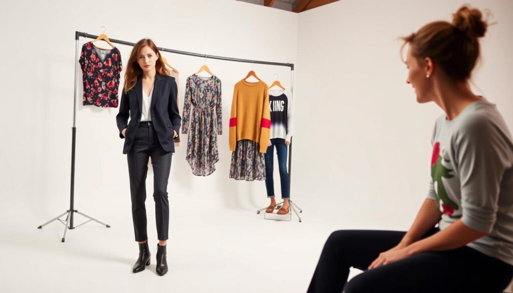 A well-lit studio setting showcasing a fashion-forward wardrobe from ASOS. In the foreground, a model poses confidently, dressed in a stylish ensemble featuring key ASOS pieces - a sleek blazer, tailored trousers, and trendy ankle boots. The middle ground highlights additional ASOS clothing options, including a vibrant printed dress, a cozy knit sweater, and a playful graphic tee. The background features a clean, minimalist backdrop, allowing the ASOS pieces to take center stage. Soft, directional lighting accentuates the high-quality fabrics and on-trend silhouettes, creating an aspirational, editorial-inspired scene that embodies the ASOS styling tips aesthetic.
