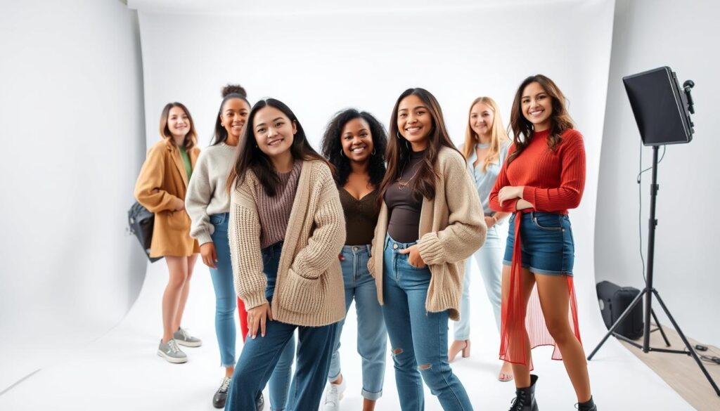 A well-lit studio setting with several customers posing for product photos against a clean, minimal white backdrop. The subjects exhibit a range of ages, ethnicities, and body types, showcasing Shein's diverse fashion offerings. The lighting is soft and diffuse, accentuating the textures and details of the clothing. The customers' expressions convey a sense of satisfaction and confidence in their Shein outfits. The overall atmosphere is professional and inviting, evoking a high-quality, user-generated content feel.