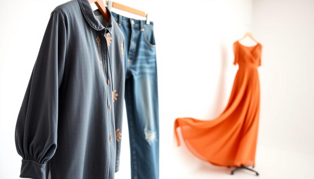 A well-lit studio shot showcasing a selection of SHEIN clothing items against a minimalist white backdrop. In the foreground, a stylish blouse with intricate embroidery, its fabric quality and tailoring evident. In the middle ground, a pair of high-waisted jeans with a classic fit, their denim texture and subtle distressing visible. In the background, a flowing dress in a vibrant color, its drape and movement captured by the camera. The lighting is soft and diffused, highlighting the textures and details of the garments. The overall impression is one of elevated quality, reflecting the progression of SHEIN's product design and manufacturing in the year 2025.