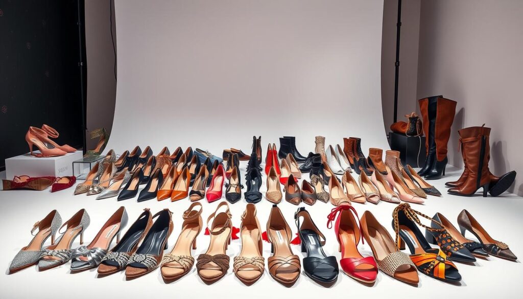 A well-lit studio space showcasing a diverse array of fashionable shoes from Shein's extensive catalog. In the foreground, various styles of heels, flats, and sandals are neatly arranged, highlighting their intricate designs, textures, and vibrant colors. The middle ground features a selection of casual sneakers and boots, showcasing the brand's versatility. In the background, a minimalist backdrop with subtle patterns or gradients complements the sleek, modern aesthetic of the Shein shoe collection. Soft, directional lighting accentuates the curves and details of the footwear, creating a visually appealing and aspirational display.