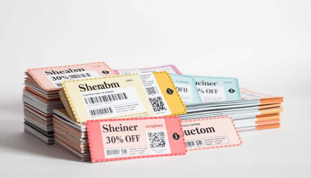 A well-organized collage of colorful Shein coupons, neatly stacked and arranged against a clean, minimalist background. The coupons are crisp and vibrant, with clearly visible QR codes, discount percentages, and expiration dates. The lighting is soft and diffused, casting gentle shadows and highlighting the textural details of the paper. The composition is balanced and visually appealing, drawing the viewer's attention to the key elements. An overall sense of professionalism and attention to detail conveys the message of Shein's commitment to providing valuable deals and discounts to its customers.