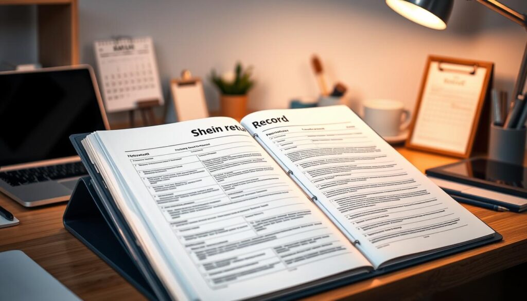 A well-organized home office desk displaying a meticulously maintained Shein return record folder, its contents neatly arranged and organized. The folder is illuminated by a soft, warm light, casting a subtle glow that highlights the importance of the documentation. The background features a clean, minimalist workspace, with a laptop, calendar, and other office accessories creating a sense of professionalism and attention to detail. The overall scene conveys a calm, organized atmosphere, emphasizing the importance of maintaining clear records for successful Shein returns.