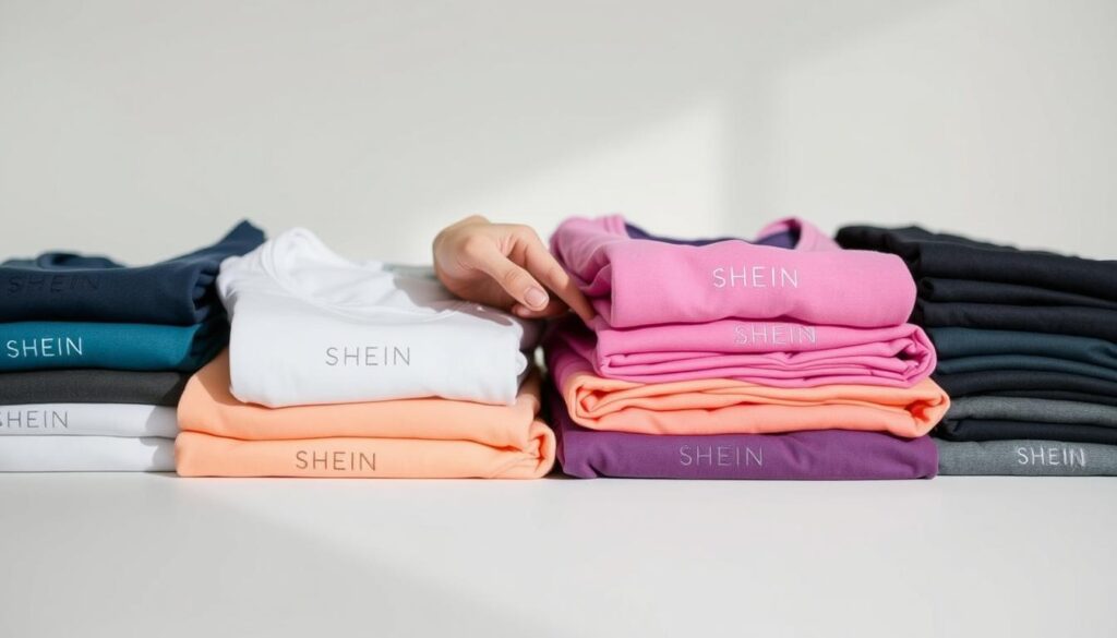 A well-organized, neatly folded pile of SHEIN activewear in various colors and styles is the focal point of the image. The garments are set against a plain, minimalist background with soft, diffused lighting illuminating their textures and details. The scene conveys a sense of care, order, and attention to the longevity of these affordable fitness items. In the middle ground, a hand gently touches one of the garments, demonstrating the gentle handling required to maintain their quality. The background is slightly blurred, keeping the focus on the activewear and the careful consideration of its upkeep.