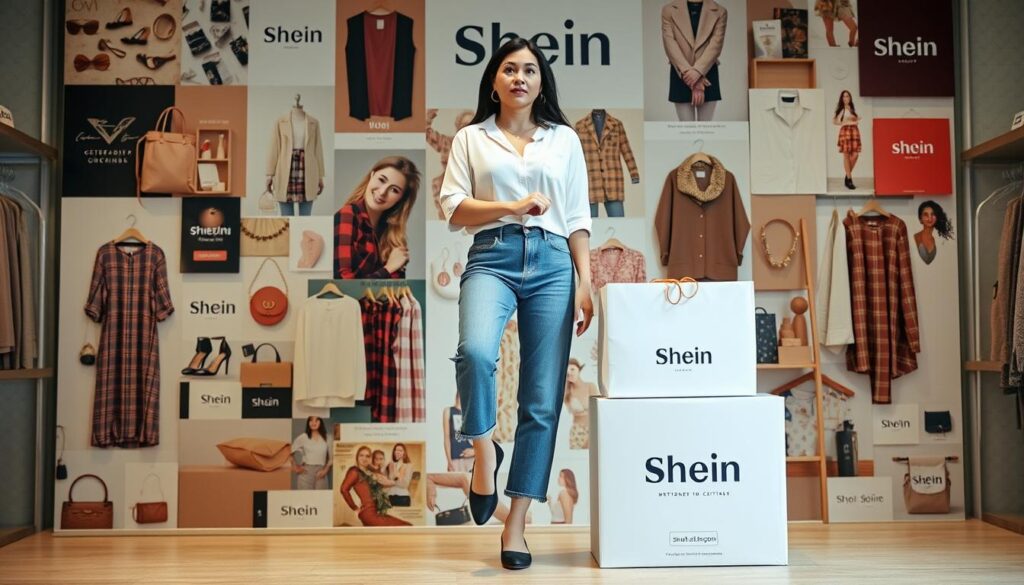 A woman standing in a balanced pose, with one foot on a shopping bag and the other on a trial box. The background features a collage of Shein products, with a mix of fashion items, accessories, and promotional materials. The lighting is soft and diffused, creating a warm and inviting atmosphere. The woman's expression is one of thoughtful contemplation, as she navigates the balance between trial activities and regular shopping. The overall composition suggests the harmony and control needed to manage both aspects of the Shein experience.