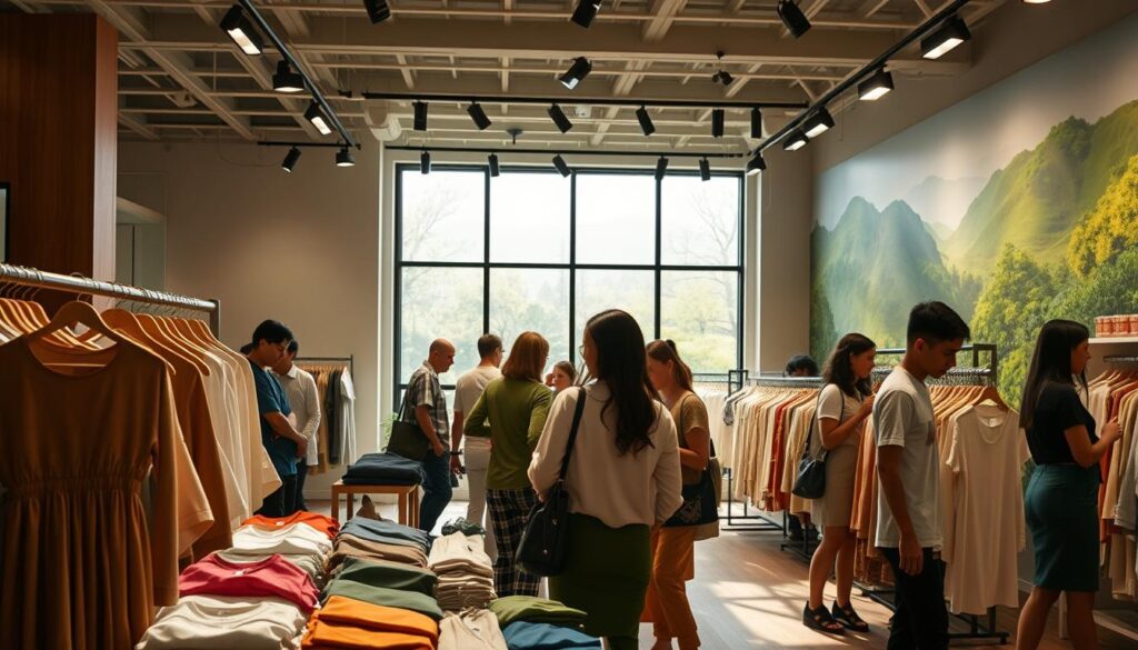 An immersive scene showcasing Forever21's sustainable practices. In the foreground, a vibrant display of eco-friendly clothing made from organic cotton and recycled fibers. Customers browse the selection, admiring the modern, minimalist designs. In the middle ground, a well-lit retail space with natural lighting cascading through large windows, highlighting the brand's commitment to energy efficiency. The background features a mural depicting lush, verdant landscapes, symbolizing Forever21's dedication to environmental conservation and responsible sourcing. The overall atmosphere is warm, inviting, and reflects the brand's effort to provide fashionable, yet sustainable options for the conscious consumer.