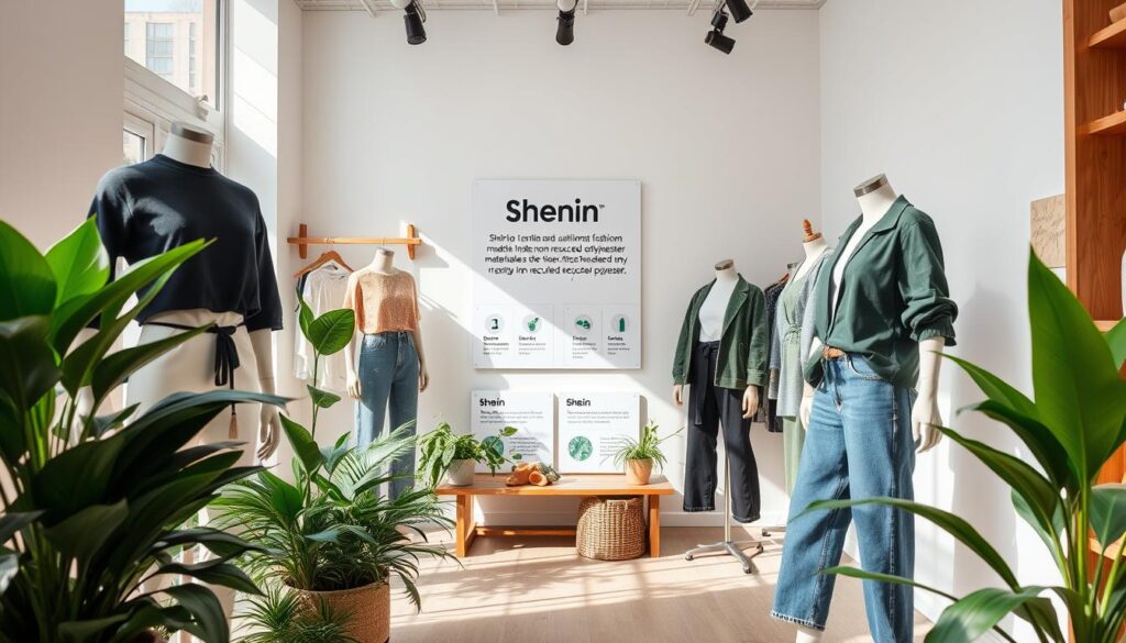 Detailed scene of a sustainable Shein fashion display. In the foreground, mannequins showcase Shein's trendy clothing made from eco-friendly materials like organic cotton and recycled polyester. Surrounding them, lush potted plants, wood accents, and natural lighting create a warm, earthy ambiance. In the middle ground, informative signage highlights Shein's commitment to sustainability, with statistics and logos. The background features a minimalist, white-walled showroom, allowing the sustainable fashion pieces to take center stage. Subtle lighting from above casts a soft, flattering glow, emphasizing the high quality and careful craftsmanship of the garments. An overall sense of environmental consciousness and modern, fashionable style permeates the scene.