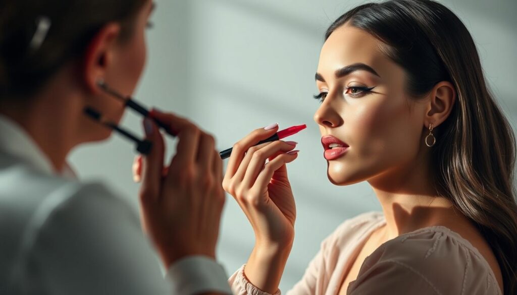 Elegant and vibrant makeup tutorials from SHEIN Beauty. A well-lit studio setup showcases a beautiful woman applying eye shadow, lip gloss, and other cosmetics with precision. Soft natural lighting bathes the scene, creating an inviting and aspirational atmosphere. The model's flawless skin and delicate features are highlighted, capturing the essence of SHEIN's signature makeup style - radiant, youthful, and effortlessly chic. A minimalist backdrop allows the makeup artistry to take center stage, inspiring viewers to recreate the looks at home. The image exudes a sense of professionalism and high-quality production, reflecting the premium beauty content from SHEIN.