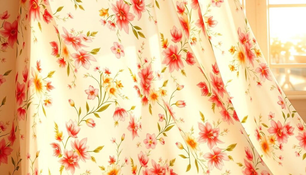 Lush, vibrant floral patterns in a soft, springtime palette cascade across a flowing, high-quality fabric. The prints feature a delicate mix of tulips, cherry blossoms, and daffodils, artfully arranged in an elegant, repeating motif. The fabric gently drapes and moves, illuminated by warm, diffused sunlight filtering through a large window. The overall composition evokes a sense of renewed energy, whimsy, and the fresh spirit of the spring season.