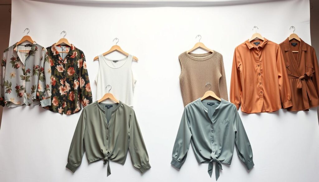 Seasonal Shein blouses displayed in a fashion spread, showcasing a variety of stylish tops for spring, summer, fall, and winter. The foreground features a grid of four blouses, each representing a different season - a floral print chiffon blouse for spring, a lightweight cotton tank top for summer, a cozy knit sweater for fall, and a long-sleeved satin blouse for winter. The middle ground is a clean, white studio backdrop, allowing the blouses to take center stage. The lighting is soft and diffused, creating a warm, inviting atmosphere. The camera angle is slightly elevated, giving a birds-eye view of the arrangement, emphasizing the cohesive seasonal theme.