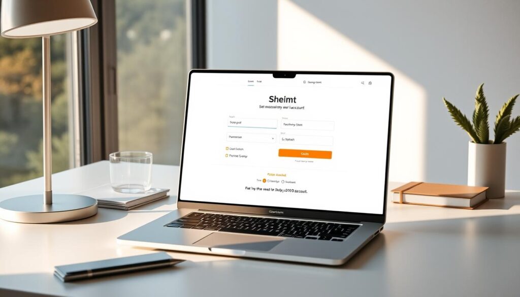 Shein account setup: A crisp, modern office desktop with a sleek laptop, minimalist stationery, and a serene natural landscape visible through the window. The laptop screen displays the Shein account creation page, with clean UI elements and intuitive navigation. Warm, directional lighting illuminates the scene, casting subtle shadows and creating a sense of depth. The overall atmosphere is one of effortless efficiency and calm focus, reflecting the ease of setting up a Shein account for the Free Trial feature.
