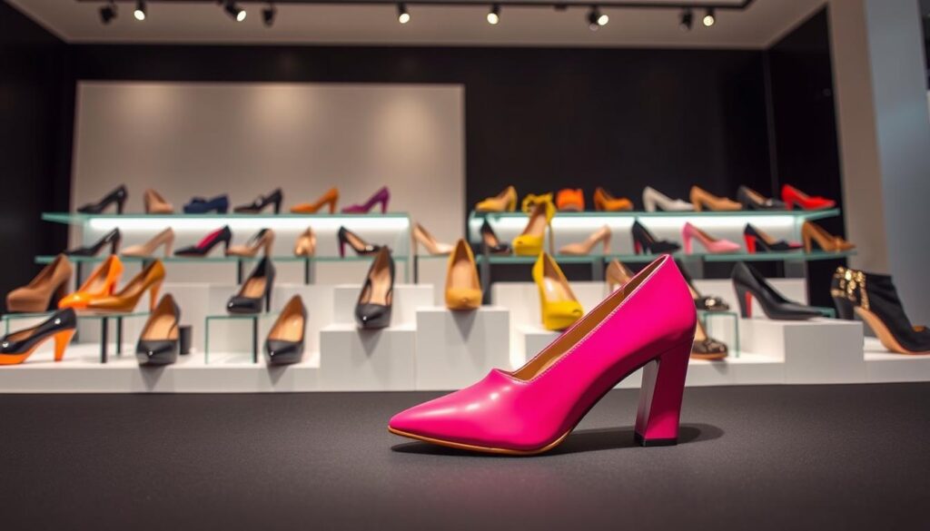 Shein shoes 2025: a chic, contemporary display of footwear in a stylish showroom setting. In the foreground, a sleek and modern shoe design in a vibrant color catches the eye, its clean lines and angular silhouette reflecting the brand's progressive aesthetic. The middle ground showcases a diverse array of shoes, each with its own unique flair, ranging from classic pumps to avant-garde platform heels. The background features a minimalist backdrop, with subtle lighting accentuating the shoes' intricate details and textures. The overall scene conveys a sense of sophistication and a forward-thinking vision for Shein's footwear, perfectly complementing the "Footwear and Accessories That Complete the Look" section of the article.