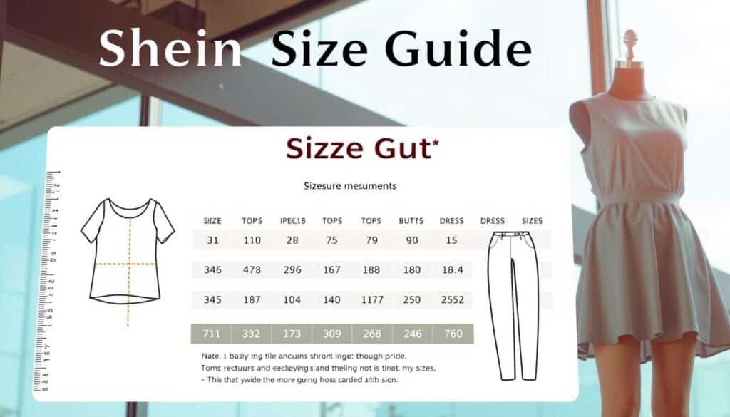 Shein size guide: A detailed, high-quality infographic showcasing Shein's apparel sizing measurements. Set against a bright, airy backdrop, the guide features a clean, minimalist layout with clear, easy-to-read text and crisp, true-to-life illustrations of various garment types. Precise ruler markings and numerical sizing data are prominently displayed, with a color-coded sizing chart for tops, bottoms, and dresses. The overall composition conveys a sense of professionalism and authority, providing shoppers with a comprehensive, trustworthy reference for navigating Shein's diverse sizing options.