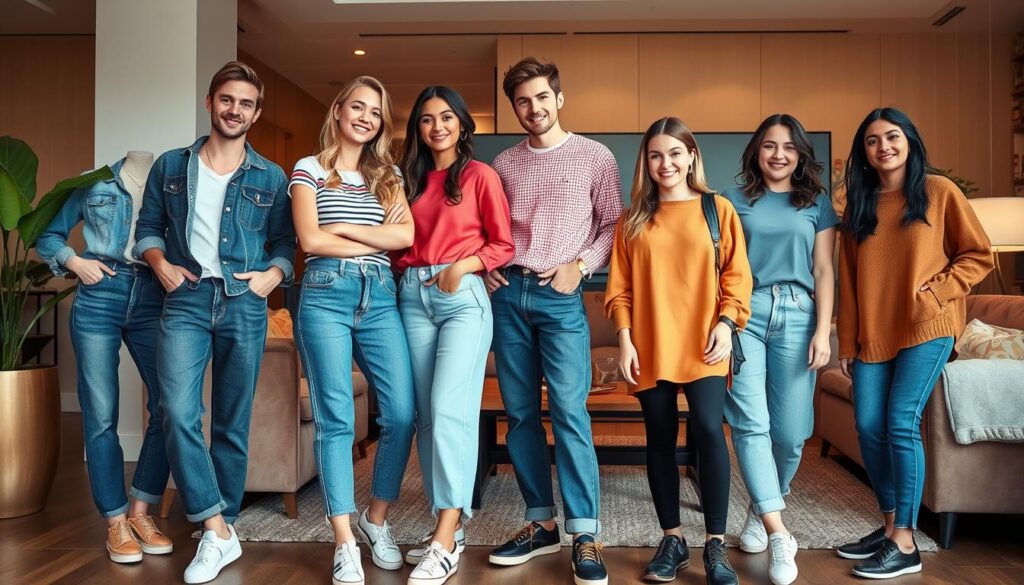 Weekend outfits SHEIN: a casual, comfortable scene. In the foreground, a group of fashionable young adults casually pose, wearing a variety of SHEIN clothing - relaxed jeans, stylish tops, and trendy accessories. Their outfits showcase SHEIN's versatile and affordable weekend style. In the middle ground, a cozy living room or cafe setting, with plush furniture and warm lighting, creates a welcoming ambiance. The background features a modern, minimalist aesthetic, with clean lines and neutral tones that complement the casual, laidback mood. The overall composition conveys a sense of effortless style and relaxation, reflecting the "Comfortable SHEIN Outfits" theme.