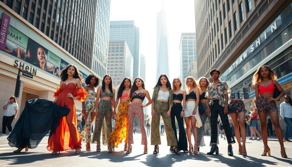 a high fashion editorial photo of the latest clothing trends from the online retailer Shein, shot on a bright, sun-drenched city street. in the foreground, a diverse group of models pose confidently, wearing the latest trendy outfits from Shein's current collection - flowing dresses, cropped tops, bold patterns, and statement accessories. in the middle ground, the bustling urban setting is visible, with skyscrapers and pedestrians in the background. the lighting is soft and flattering, creating a warm, vibrant atmosphere. the camera angle is slightly elevated, giving a sense of dynamism and energy to the scene. the overall impression is of a modern, fashionable, and aspirational aesthetic that captures the essence of Shein's current style trends.